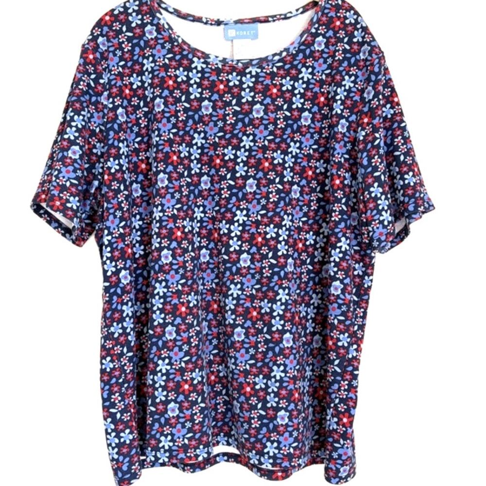 Koret Women's Navy Red Floral Print Short Sleeve Blouse Top Size XL